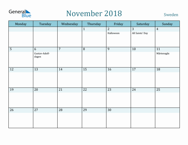 November 2018 Calendar with Holidays