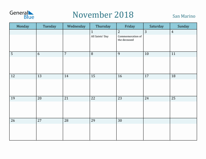 November 2018 Calendar with Holidays