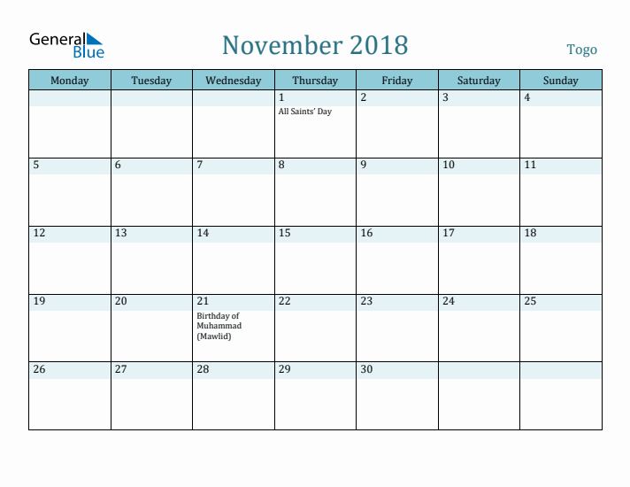 November 2018 Calendar with Holidays