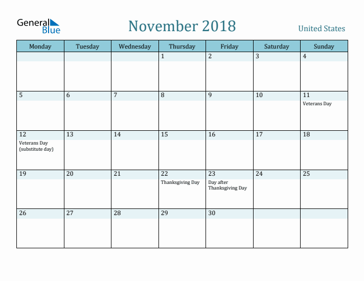 November 2018 Calendar with Holidays