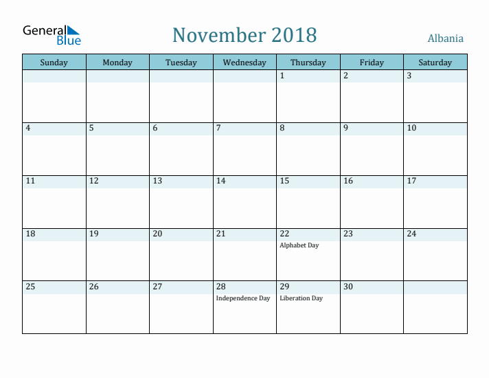 November 2018 Calendar with Holidays