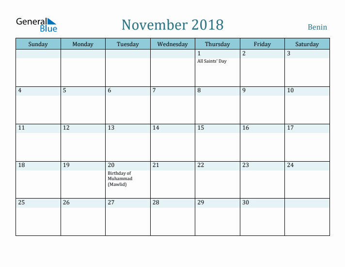 November 2018 Calendar with Holidays