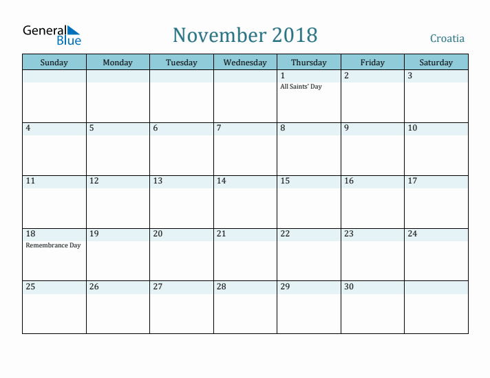 November 2018 Calendar with Holidays