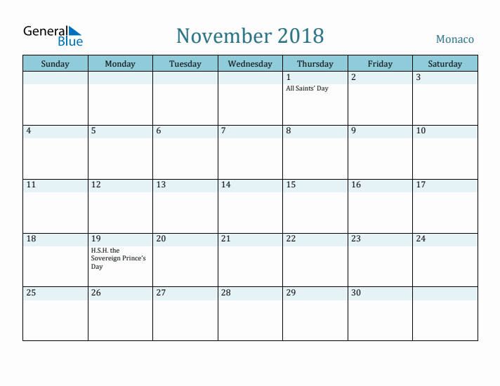 November 2018 Calendar with Holidays