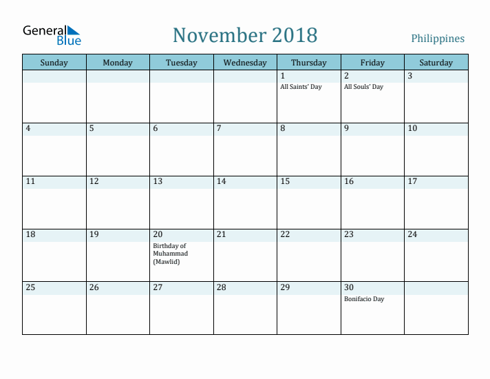 November 2018 Calendar with Holidays