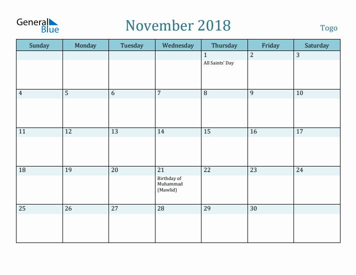 November 2018 Calendar with Holidays