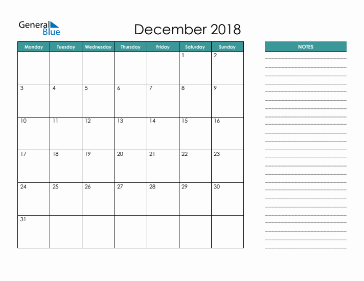 December 2018 Calendar with Notes