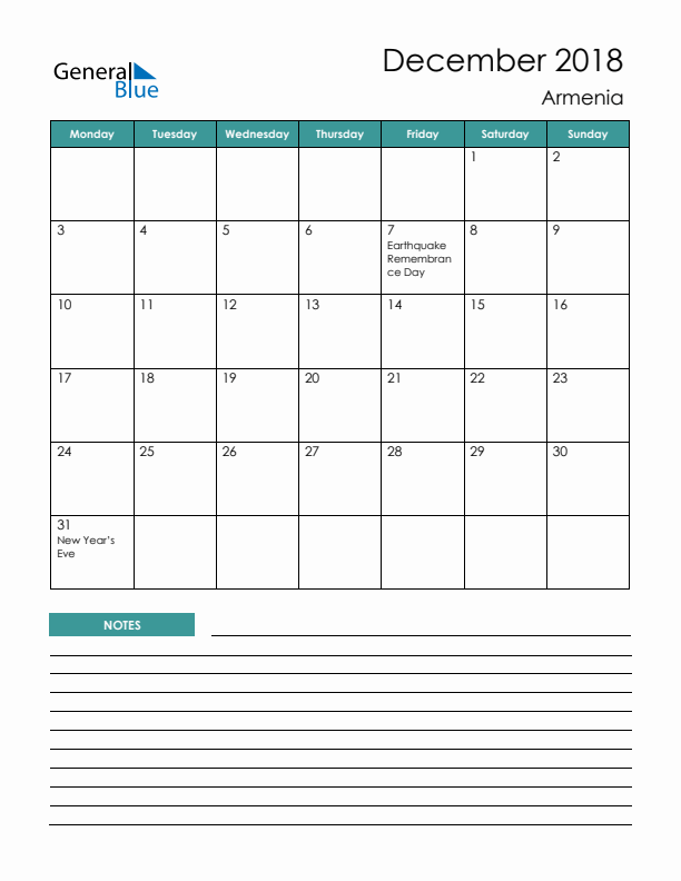 Calendar with Notes Printable - Monday Start