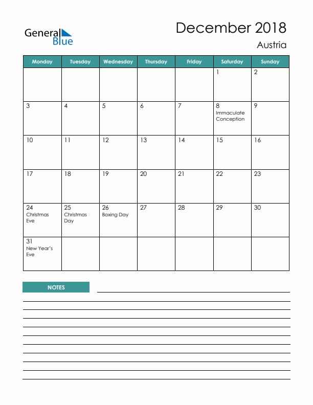 Calendar with Notes Printable - Monday Start