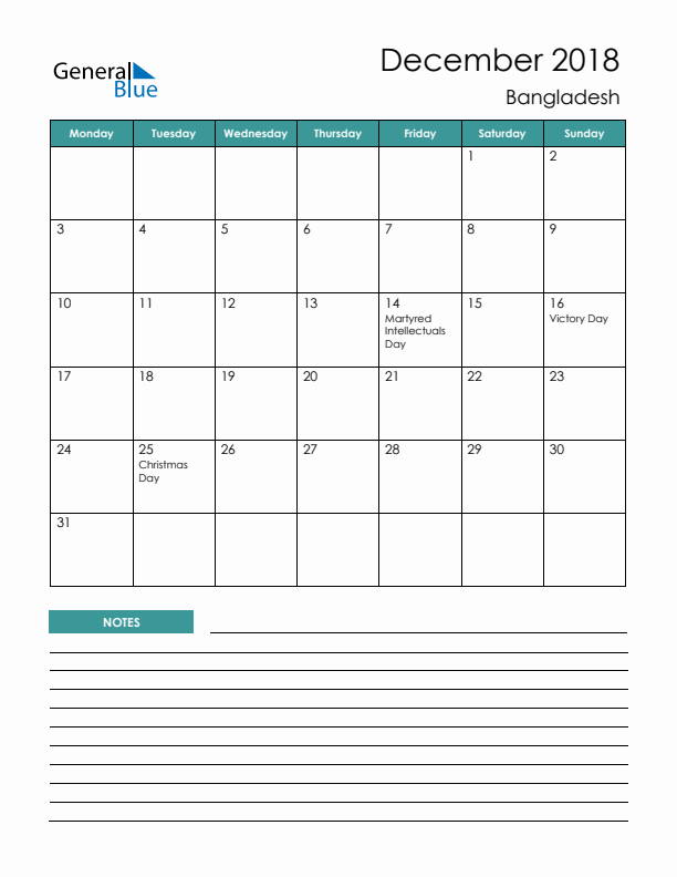 Calendar with Notes Printable - Monday Start