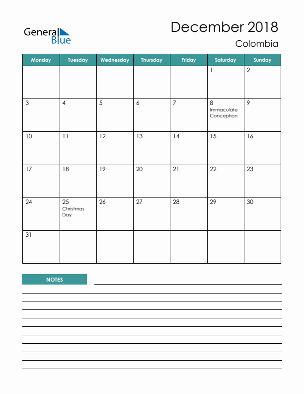 Calendar with Notes Printable - Monday Start