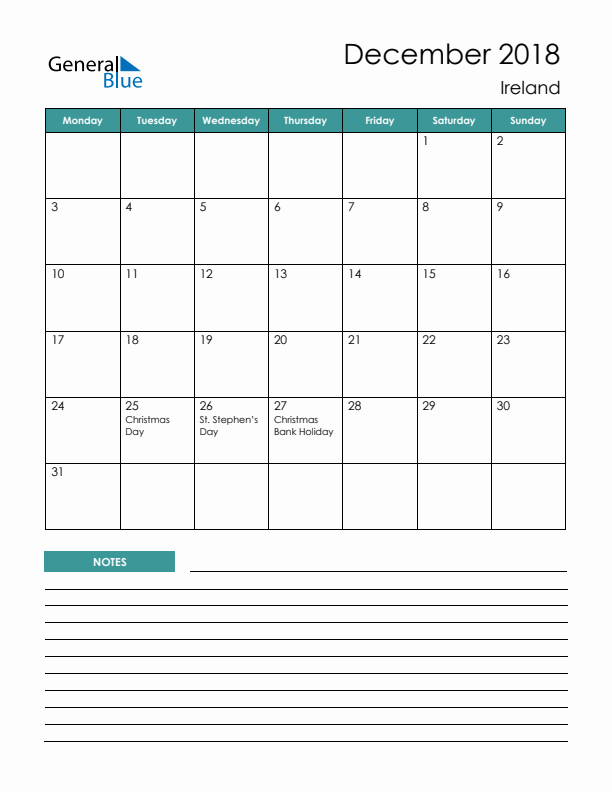 Calendar with Notes Printable - Monday Start