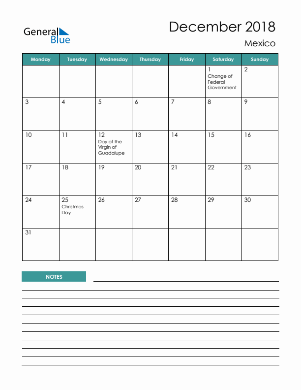 Calendar with Notes Printable - Monday Start