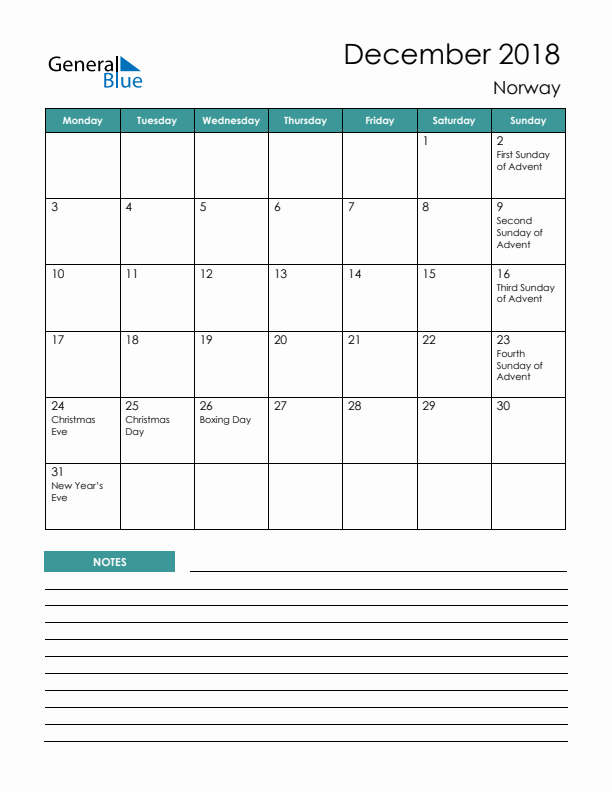 Calendar with Notes Printable - Monday Start