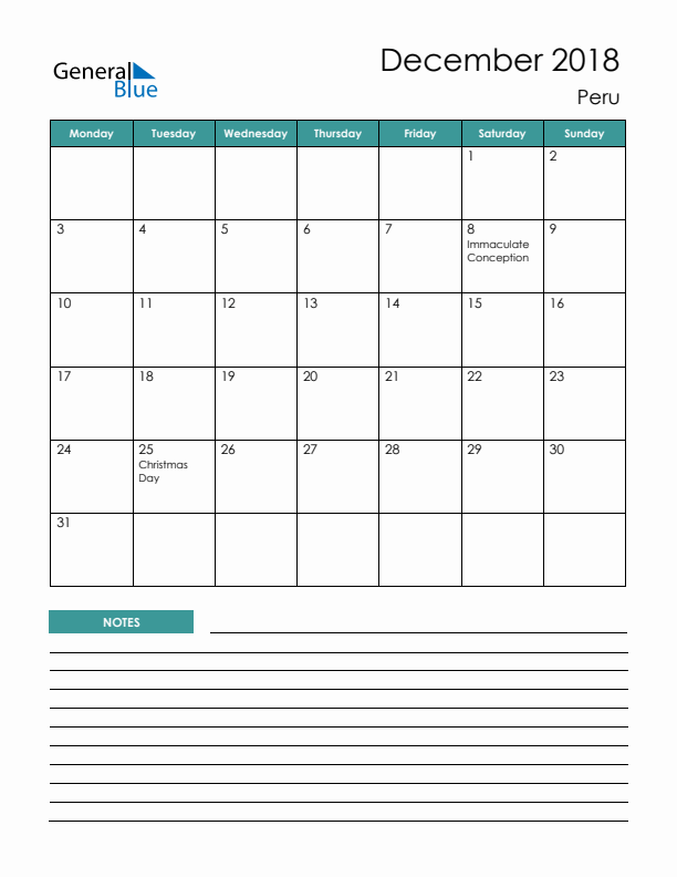 Calendar with Notes Printable - Monday Start