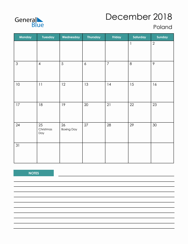 Calendar with Notes Printable - Monday Start