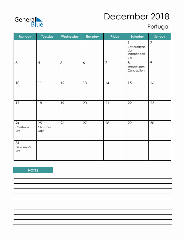 Calendar with Notes Printable - Monday Start