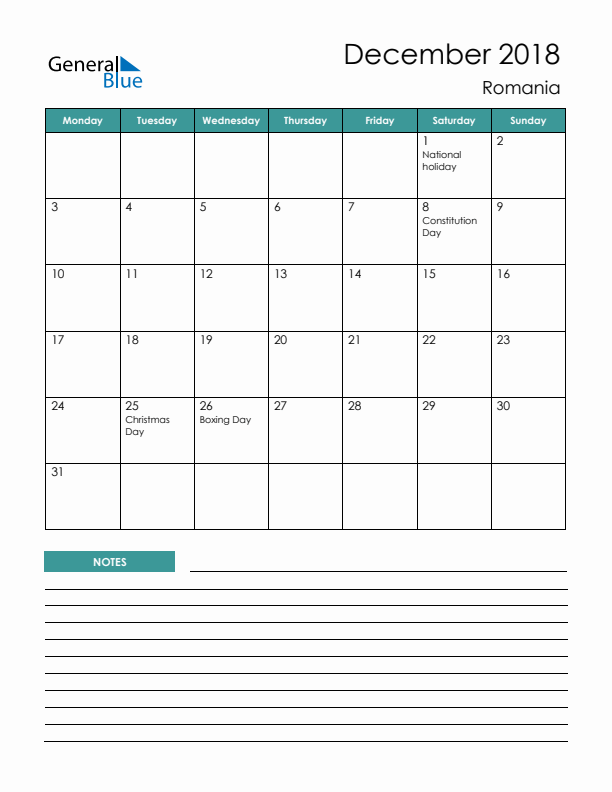 Calendar with Notes Printable - Monday Start