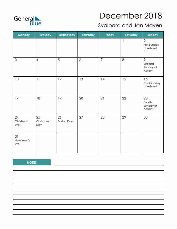 Calendar with Notes Printable - Monday Start