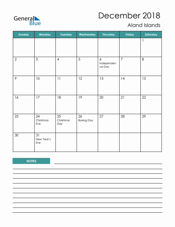 Calendar with Notes Printable - Sunday Start