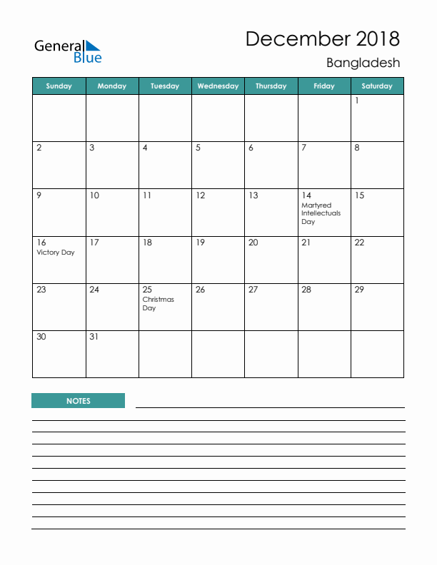 Calendar with Notes Printable - Sunday Start