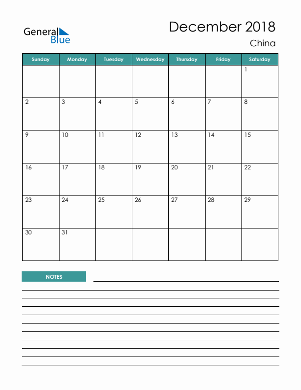 Calendar with Notes Printable - Sunday Start