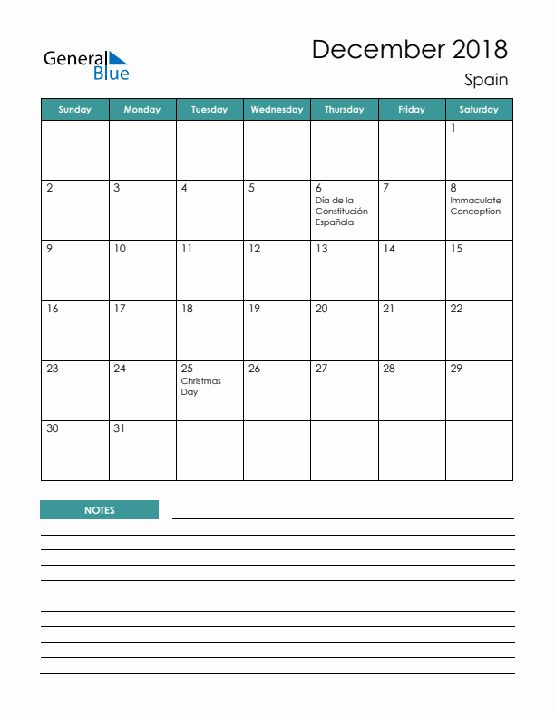 Calendar with Notes Printable - Sunday Start