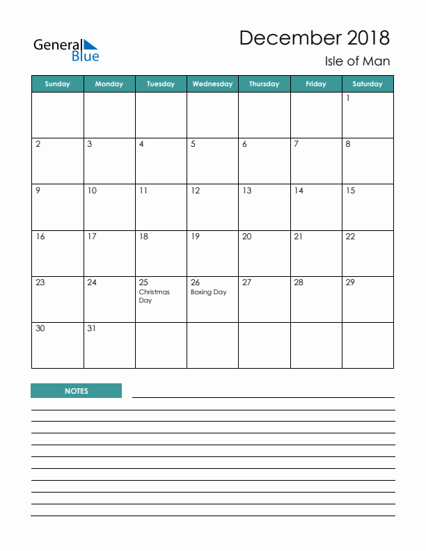 Calendar with Notes Printable - Sunday Start