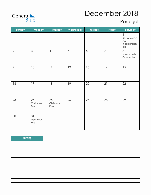 Calendar with Notes Printable - Sunday Start