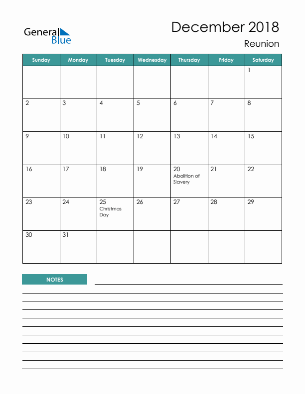 Calendar with Notes Printable - Sunday Start