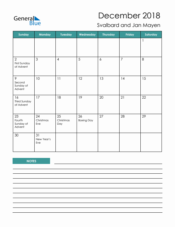 Calendar with Notes Printable - Sunday Start