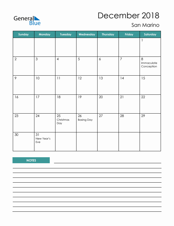 Calendar with Notes Printable - Sunday Start