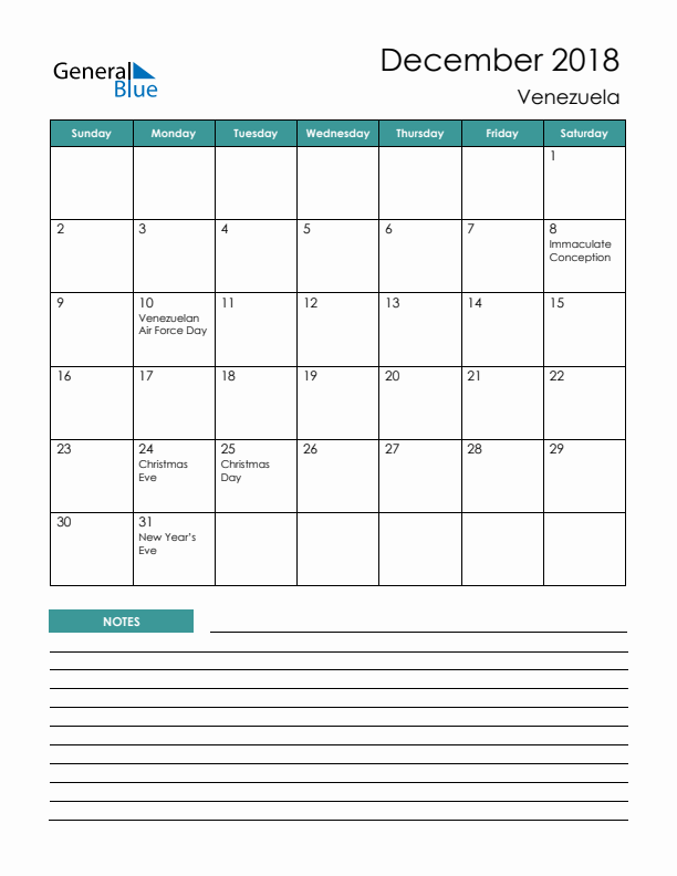 Calendar with Notes Printable - Sunday Start