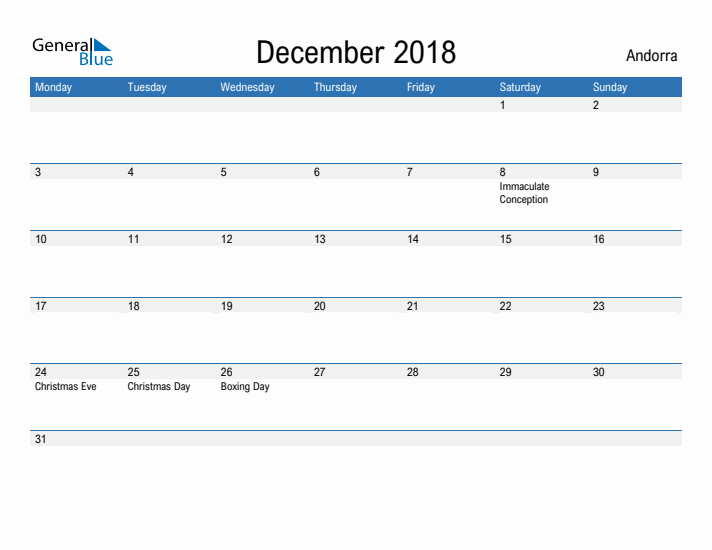 Fillable December 2018 Calendar