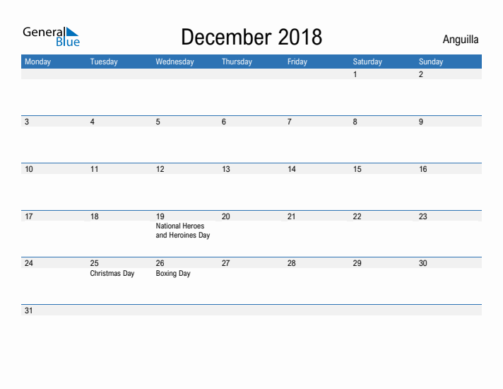 Fillable December 2018 Calendar