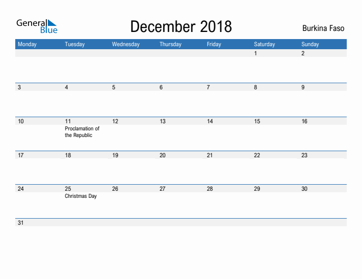 Fillable December 2018 Calendar