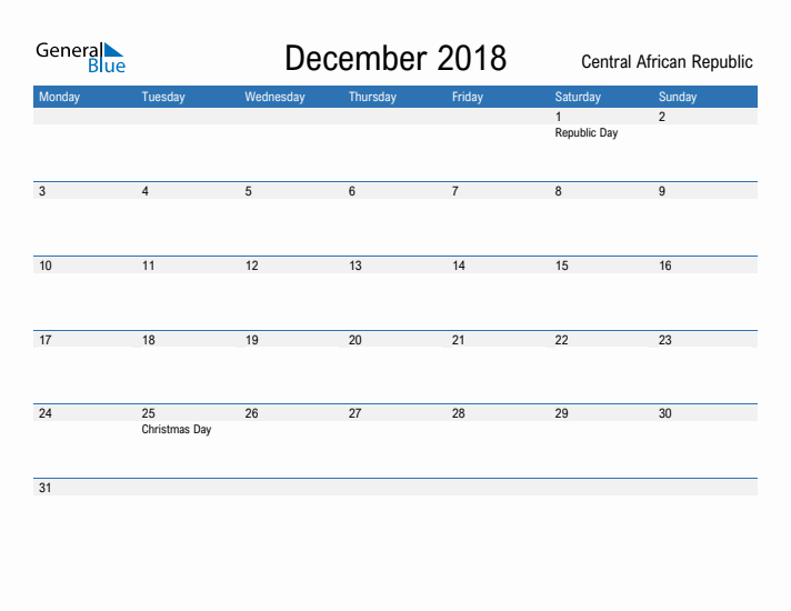 Fillable December 2018 Calendar