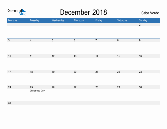 Fillable December 2018 Calendar