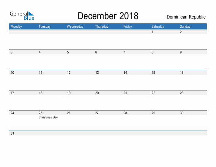 Fillable December 2018 Calendar