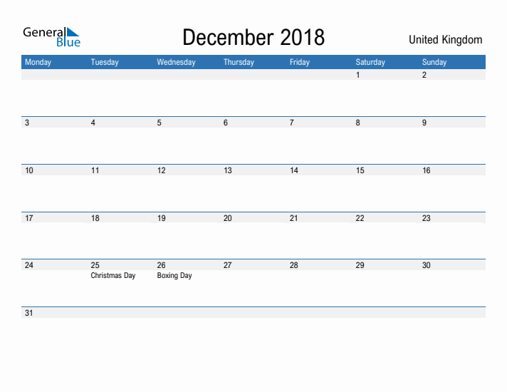 Fillable December 2018 Calendar