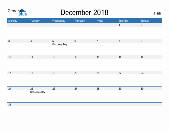 Fillable December 2018 Calendar