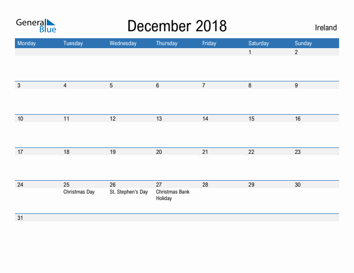 Fillable December 2018 Calendar