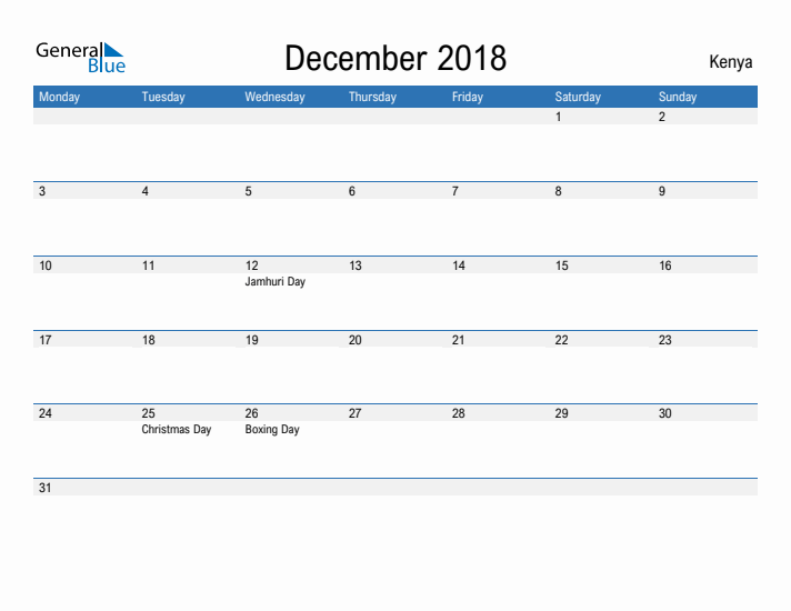 Fillable December 2018 Calendar