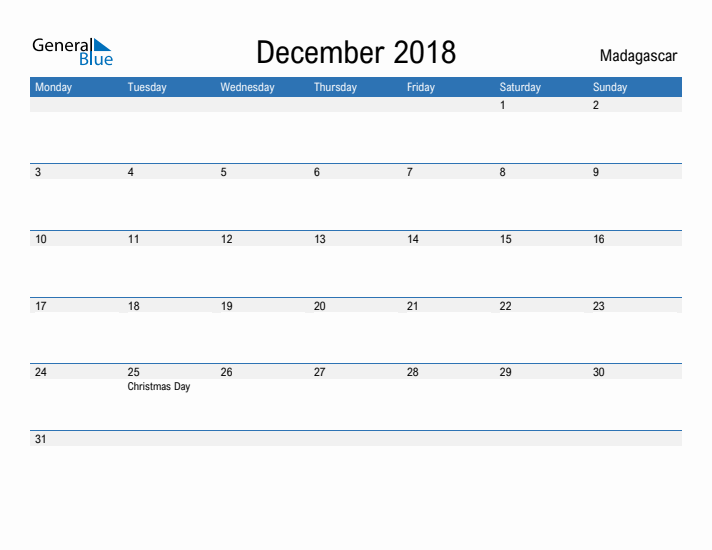 Fillable December 2018 Calendar