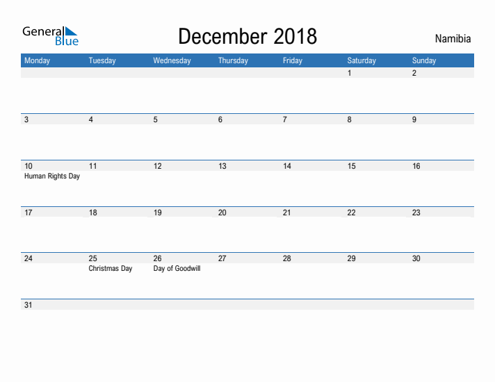 Fillable December 2018 Calendar