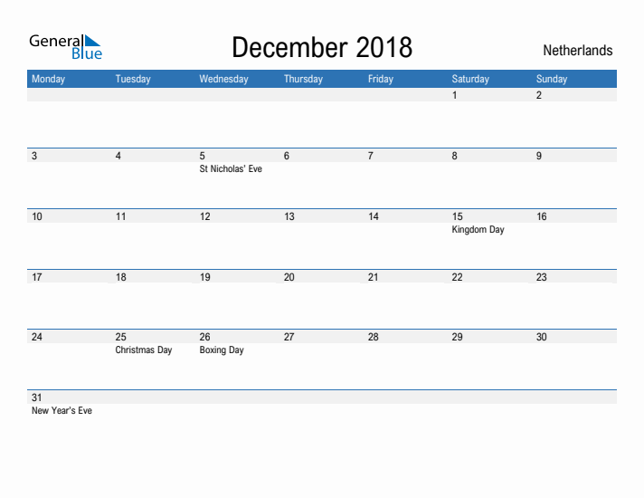 Fillable December 2018 Calendar