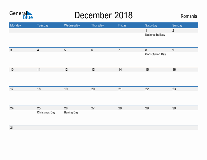 Fillable December 2018 Calendar