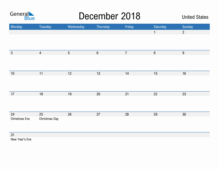 Fillable December 2018 Calendar