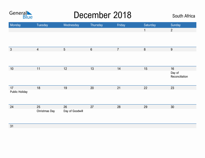 Fillable December 2018 Calendar