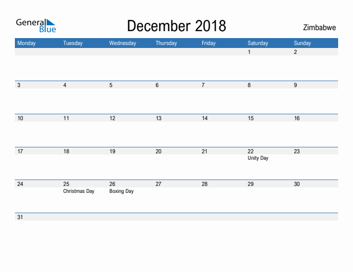 Fillable December 2018 Calendar